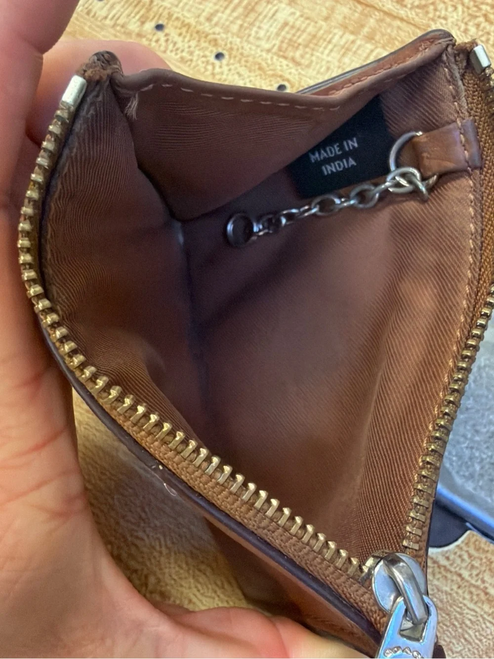Coach Brown Leather Zip Card Case with Silver Logo
